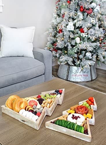 Serving Tray Set: Distressed Whitewashed Wood Tree Shape Rustic Platter