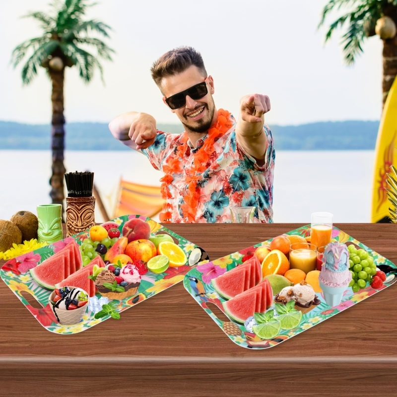 Serving Tray Set Melamine Outdoor Platter Hibiscus Print Monstera Leaf Summer Luau Party Serveware