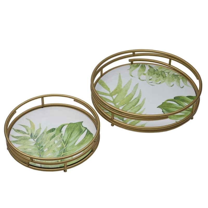 Serving Tray Set Nested Design Gold Tone Frame Botanical Print Glamorous Entertaining Serveware