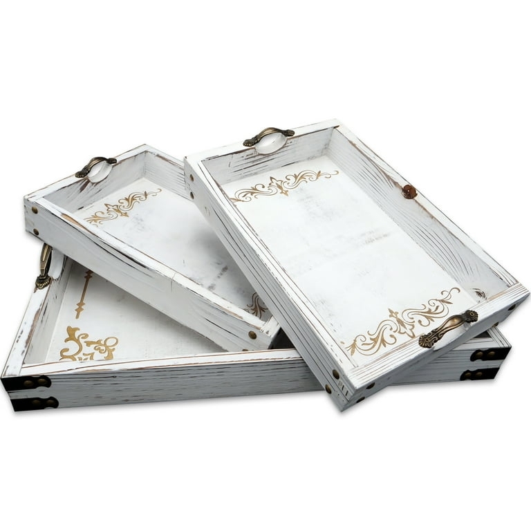 Serving Tray Set Nested Mandala Pattern Whitewashed Rustic Farmhouse