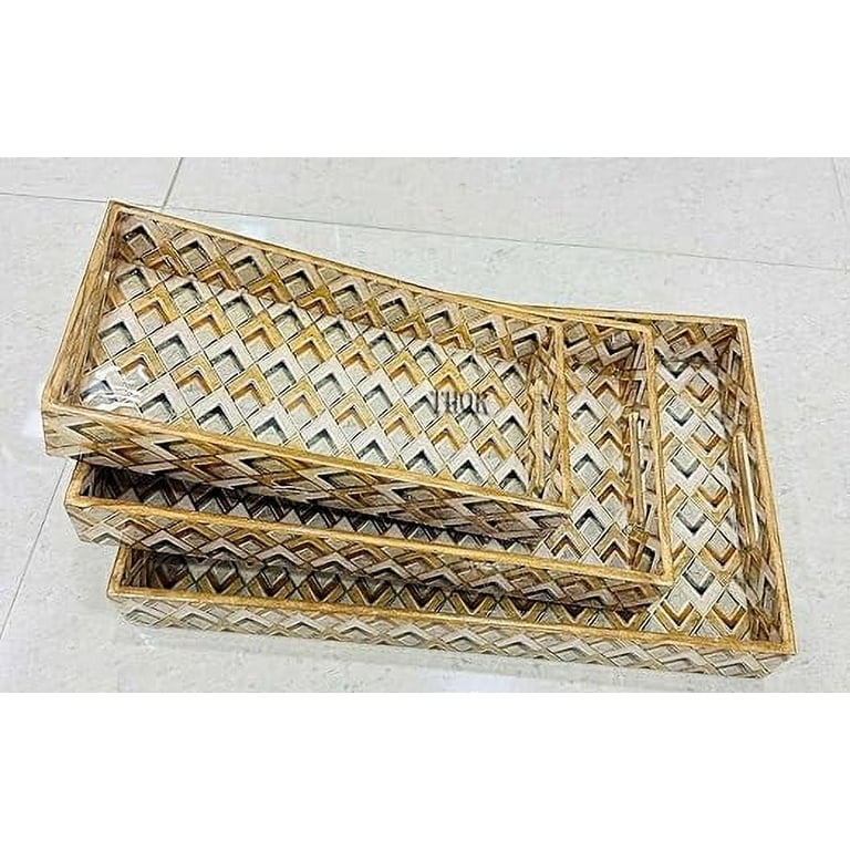 Serving Tray Set Nesting Black Hardware Rustic Wood Grain Modern Farmhouse