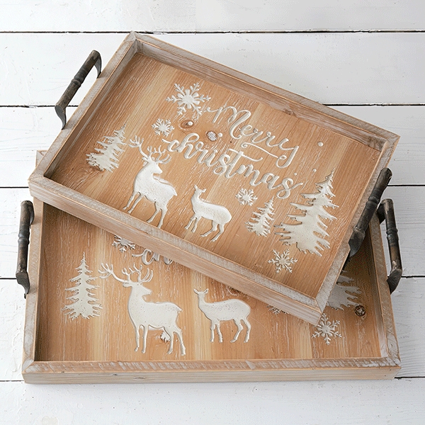 Serving Tray Set Nesting Design Seasonal Typography Wooden Decor