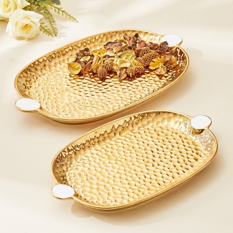 Serving Tray Set Oval Nesting Aluminum with Hammered Exterior Texture