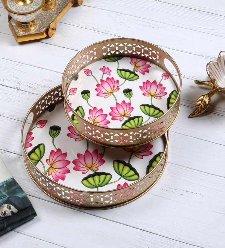 Serving Tray Set Pichwai Art Lotus Flower Design Gold Handles