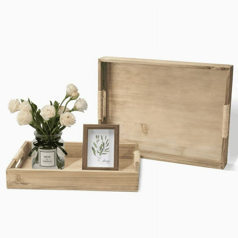 Serving Tray Set Rustic Light Wood Nesting Integrated Cutout Handles
