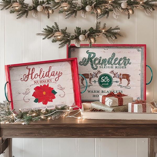 Serving Tray Set: Rustic Wood with Metal Handles and Holiday Graphics