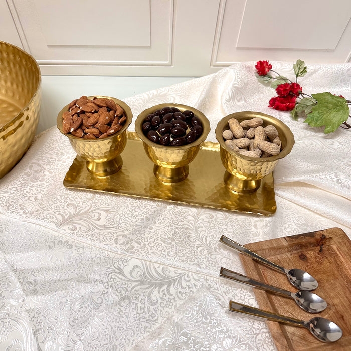 Serving Tray Set with Hammered Texture and Nested Bowls in Gold Tone
