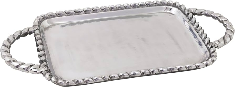 Serving Tray Silver Aluminum with Rope Edging and Integrated Handles