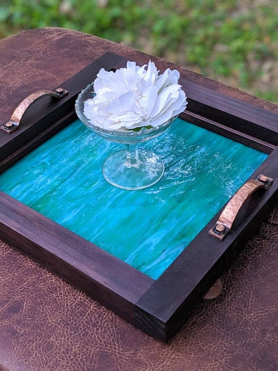 Serving Tray Square Dark Wood Glass Mosaic Copper Handles Artisanal