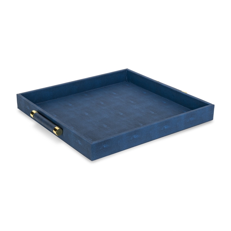Serving Tray Square Gold Handles Navy Shagreen, Modern Blue Accent Decor