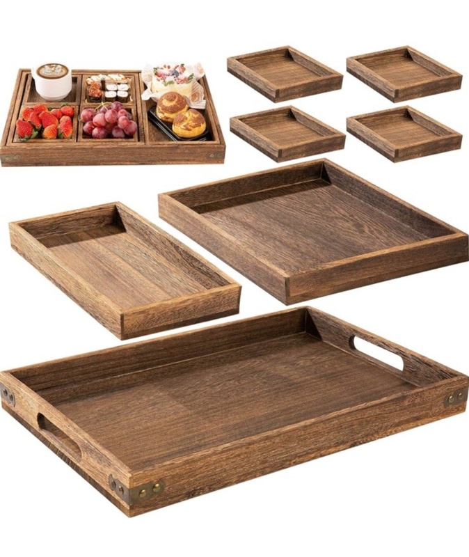 Serving Tray Stackable Design Integrated Handles Wood Grain Nested Set