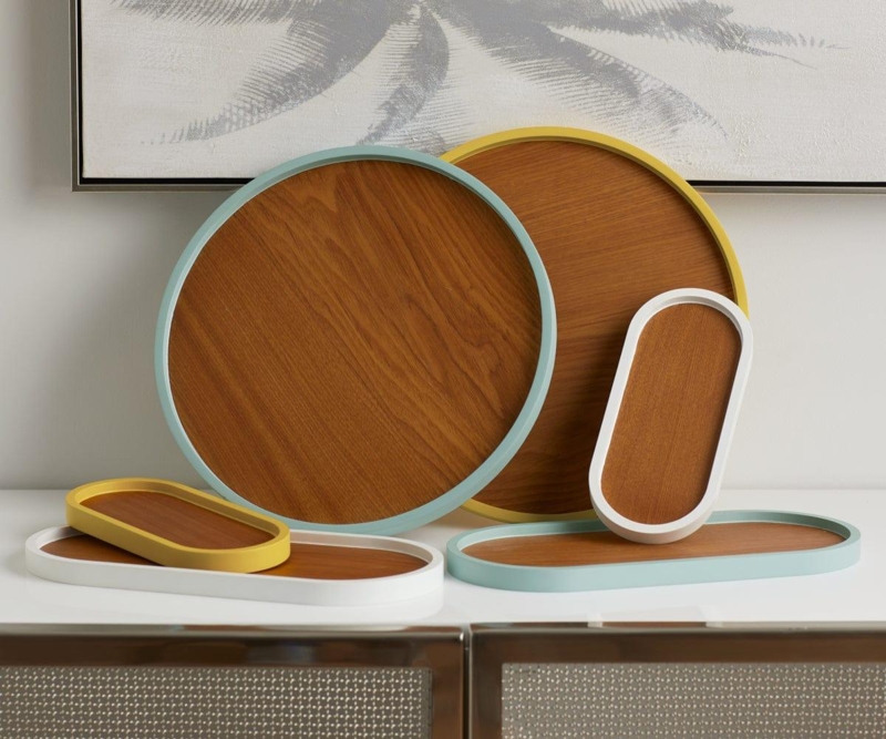 Serving Tray Stackable Design Oval White Wood Lacquer Trim