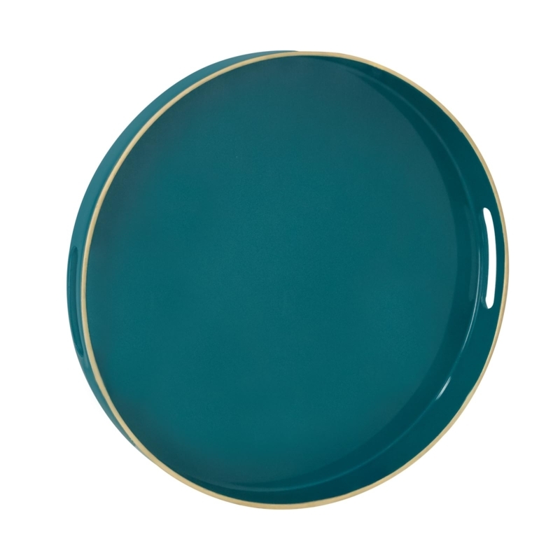 Serving Tray Teal Glossy Finish Round Handles Modern Glam Decor