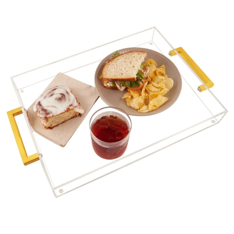Serving Tray Transparent Acrylic Rectangular Polished Gold Metal Handles