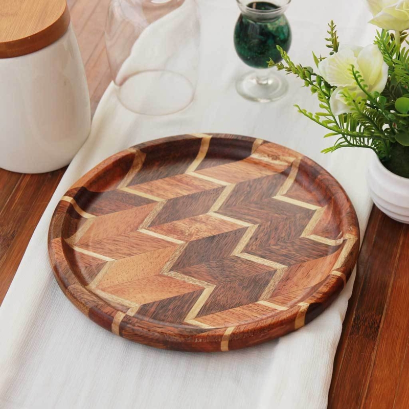 Serving Tray, Two-Toned Wood Chevron Pattern Inlay, Organic Modern Decor