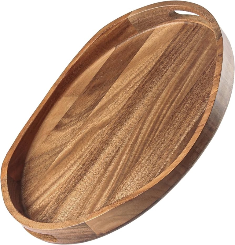 Serving Tray, Variegated Acacia Wood, Integrated Handles, Organic Style