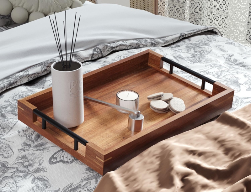 Serving Tray Variegated Wood Metal C Handles Industrial
