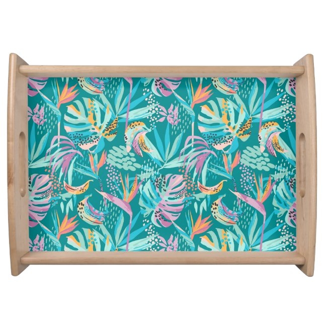 Serving Tray Vibrant Monstera Pattern Hibiscus Flowers Rectangular Cutout Handles Coastal Decor