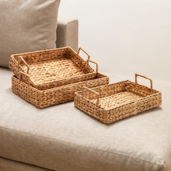 Serving Tray Water Hyacinth Braided Texture Rustic Woven Handles