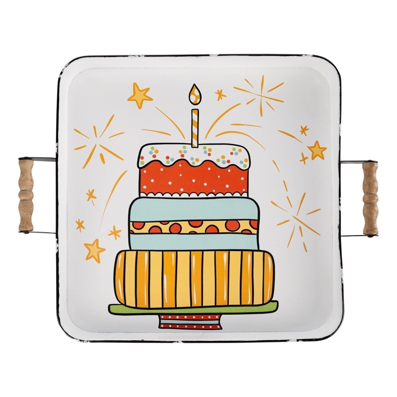 Serving Tray Whimsical Cake Illustration with Wooden Spindle Handles
