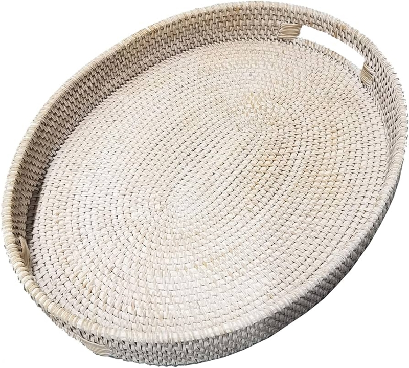 Serving Tray: White Woven Rattan Oval with Cutout Handles