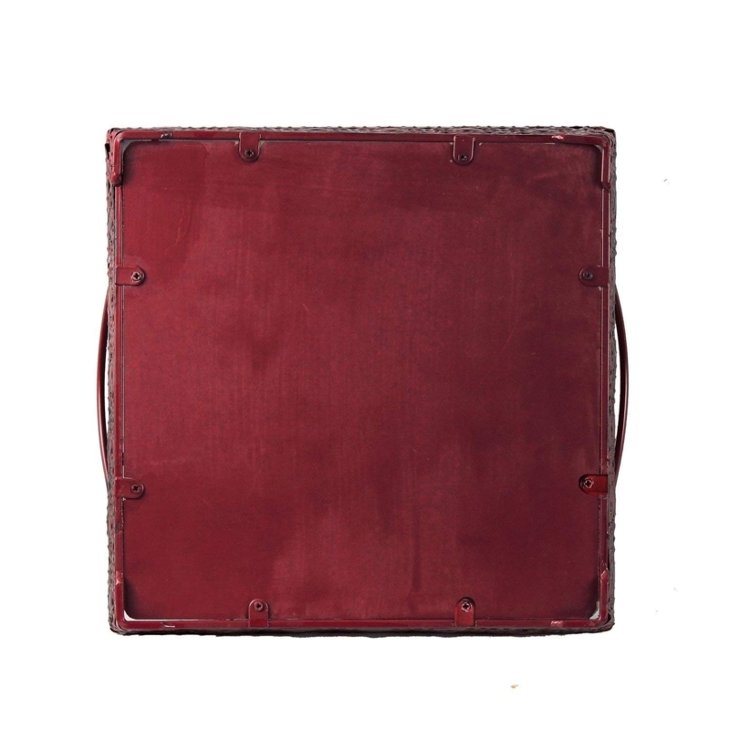 Serving Tray Wire Handles Woven Texture Edge Matte Burgundy Metal