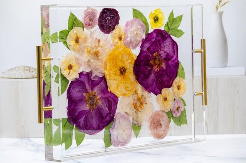 Serving Tray with Botanical Encasement and Dark Wood Toned Frame