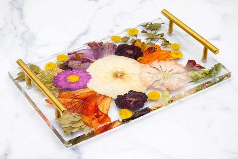 Serving Tray with Embedded Botanicals and Wood Frame, Cottagecore Style