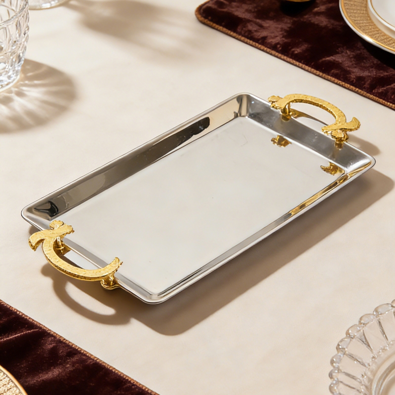 Serving Tray with Geometric Cut Outs and Hammered Base in Copper