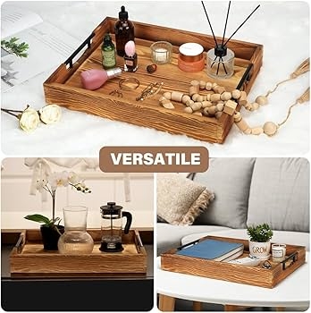 Serving Tray with Large Scale, Cutout Handles, Dark Wood Stain