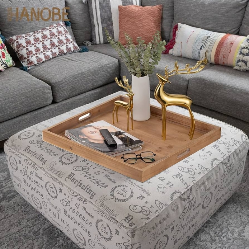 Serving Tray with Metal Corner Accents, Rustic Ottoman Tray Decor