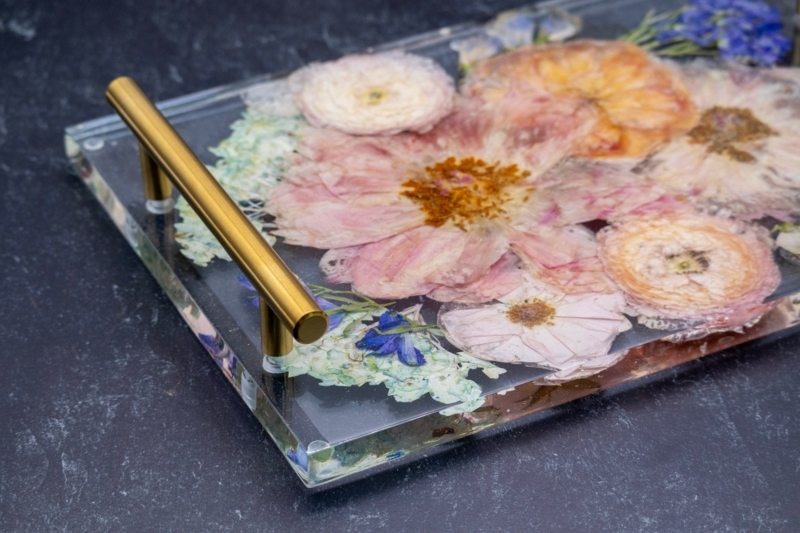 Serving Tray with Pressed Flower Inlay and Integrated Cutout Handles