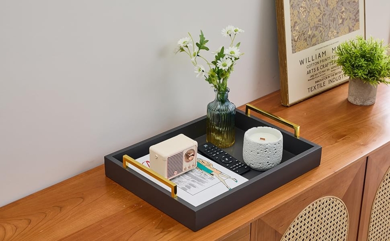 Serving Trays, Set of 2, Rectangular Matte Charcoal Wood, Cutout Handles