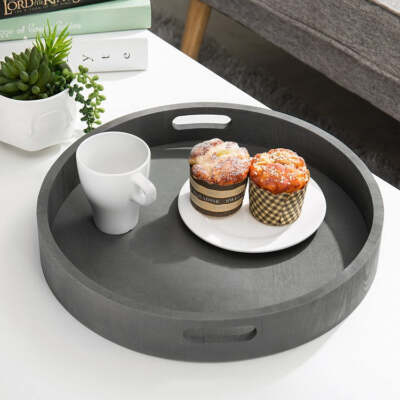Serving Trays, Set of 2, Round Charcoal Wood with Black Metal Handles
