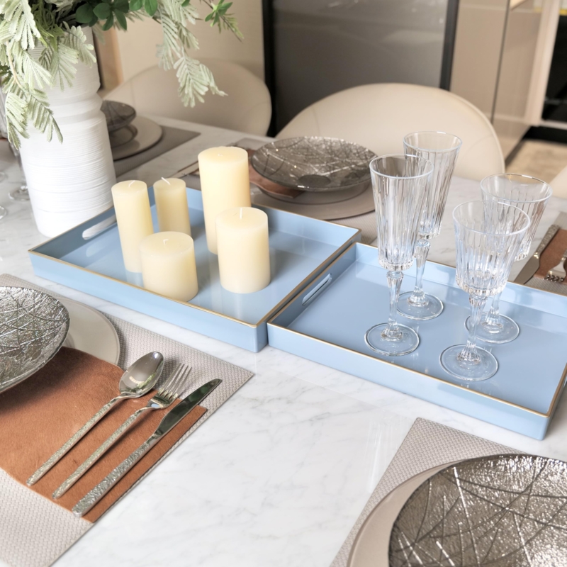 Serving Trays Vibrant Blue Glossy Plastic Geometric Texture Handles