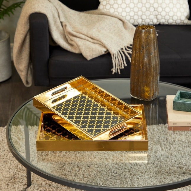 Set of 2 Gold Rectangular Trays, Geometric Fretwork Mirrored Vanity Decor