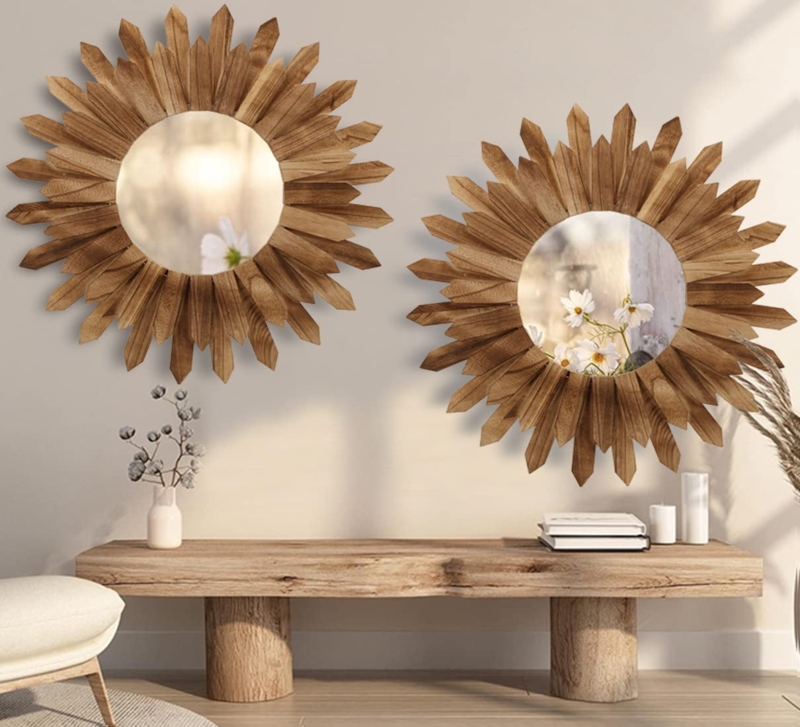 Set of 2 Sunburst Wall Mirrors with Wood Spoke Frames, Boho Style