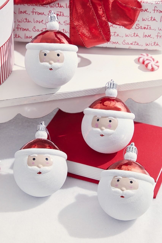 Set of 4 Santa Face Ball Ornaments Textured Beard Glitter Trim