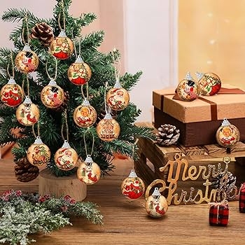 Set of Sixteen Ball Ornaments with Vintage Santa Illustrations