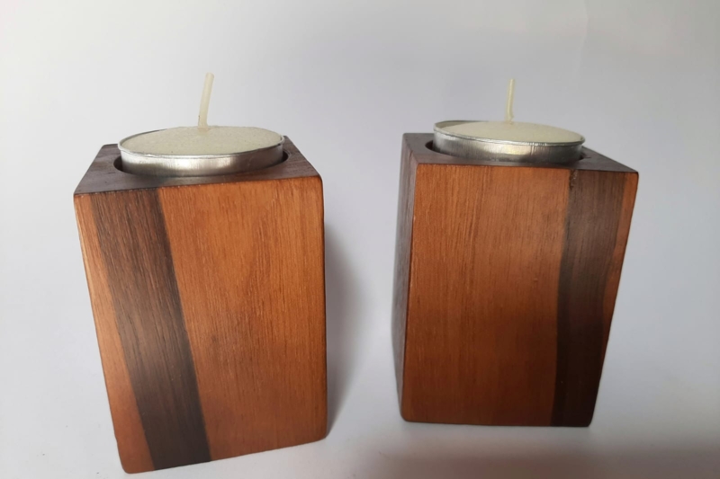 Set of Three Cylindrical Wood Taper Candle Holders, Staggered Heights