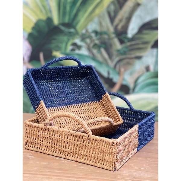 Set of Two Handwoven Rectangular Trays with Handles for Boho Decor