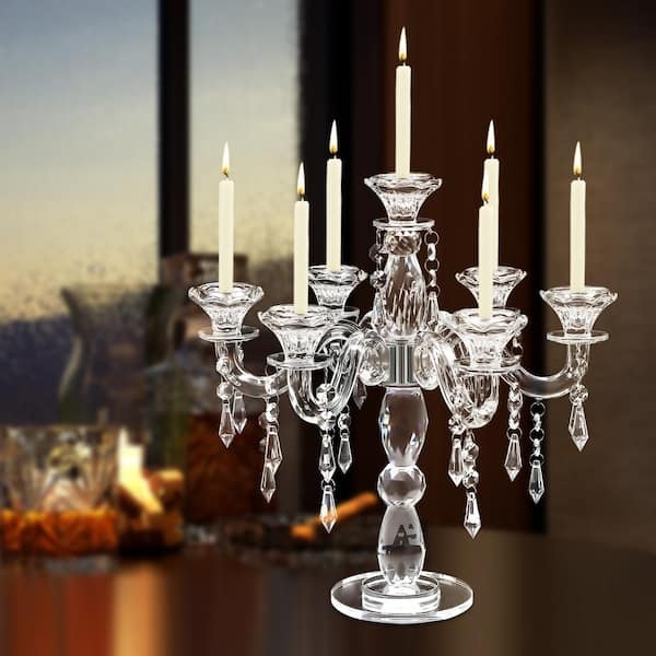 Seven Arm Candelabra Faceted Crystal Glass Multi Tier Modern Glam