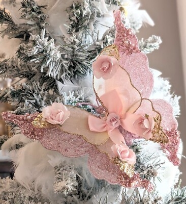 Shabby Chic Butterfly Ornament: Pink Rose Print with Gold Glitter Trim