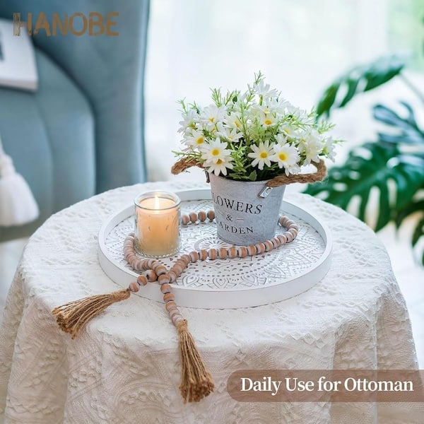 Shabby Chic Round Whitewashed Wood Tray with Low Rim for Centerpiece