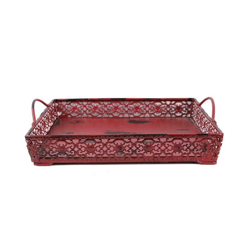 Shabby Chic Square Centerpiece Tray, Distressed Burgundy Metal