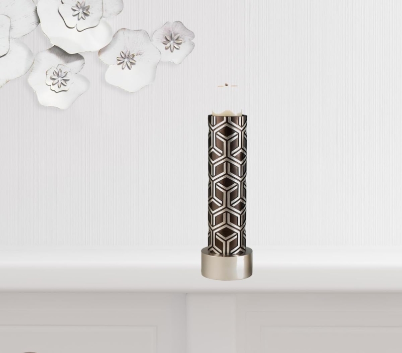 Silver Accented Pillar Candle Stands, Turned Wood Set, Dark Finish