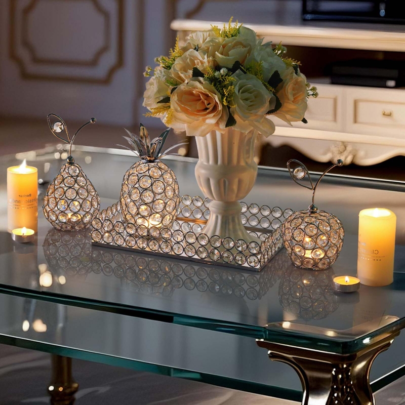 Silver Decorative Tray Set featuring Crystal Beaded Lattice Work.
