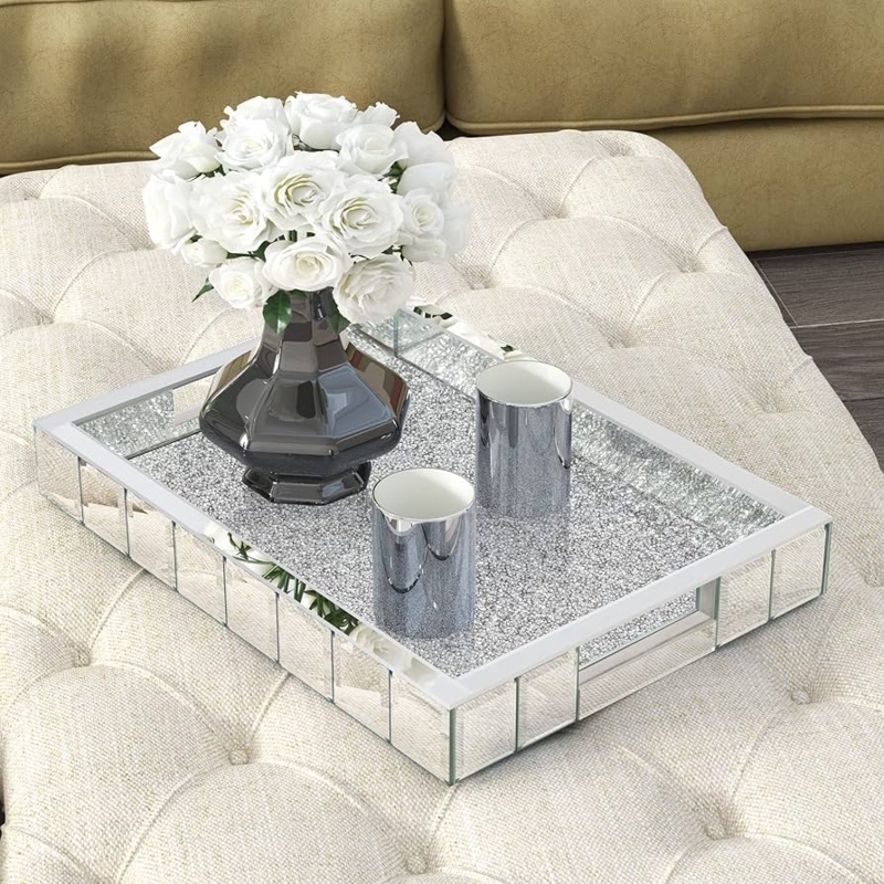 Silver Mirrored Tray with Crystal Encrusted Sides, Glam Bathroom Organizer