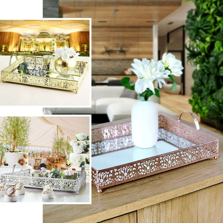 Silver Rectangular Serving Tray with Lace Filigree and Curved Handles.