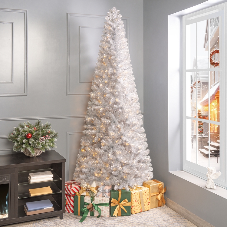 Silver Tinsel Christmas Tree, Slender Form, Shimmering Reflective Finish